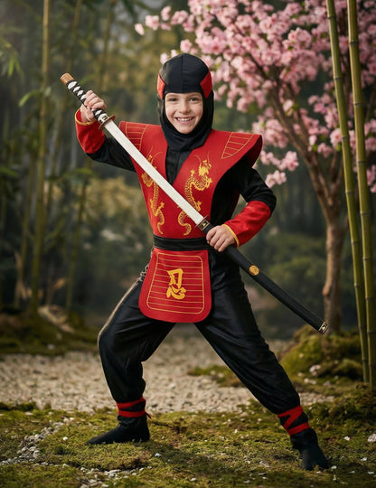 Ninjakostüm für Kinder schwarz-rot-gelb