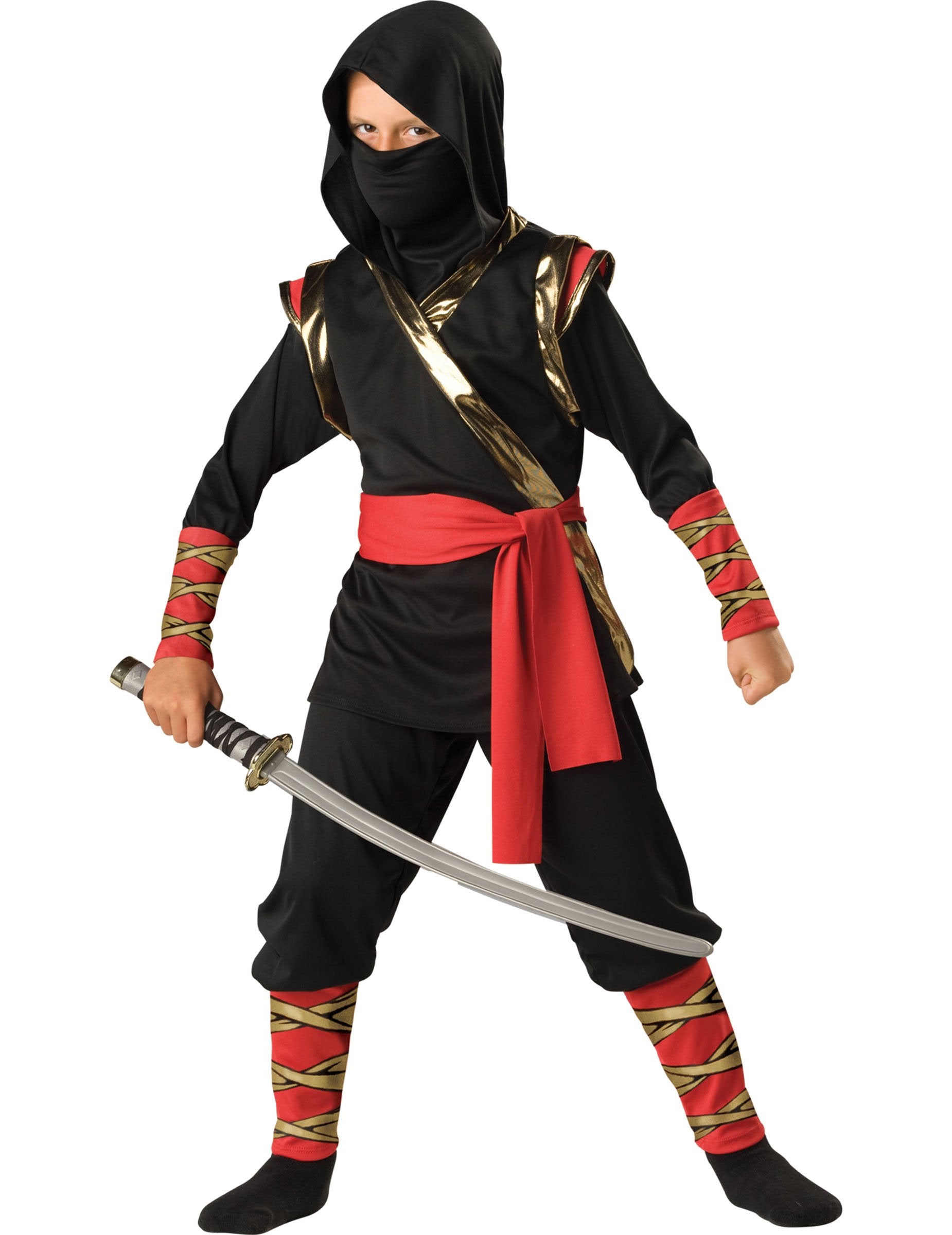 Déguisement de ninja pour enfant noir rouge et doré avec cagoule