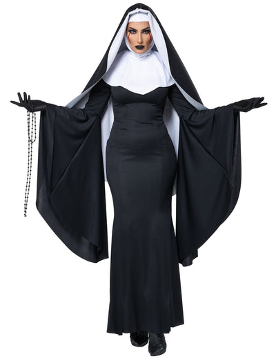 Déguisement nonne longue luxe pour femme noir et blanc avec voile et manches évasées