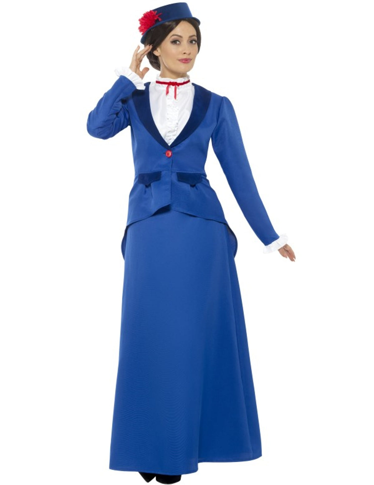 Déguisement de nounou victorienne pour femme bleu avec veste et chapeau à fleur rouge