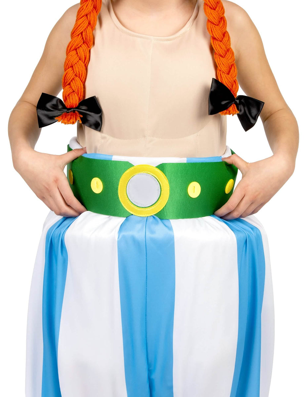 Detail zeleného pásku luxusního kostýmu Obelix pro dítě