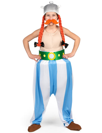 Déguisement luxe Obélix pour enfant bleu et blanc avec casque et tresses rousses