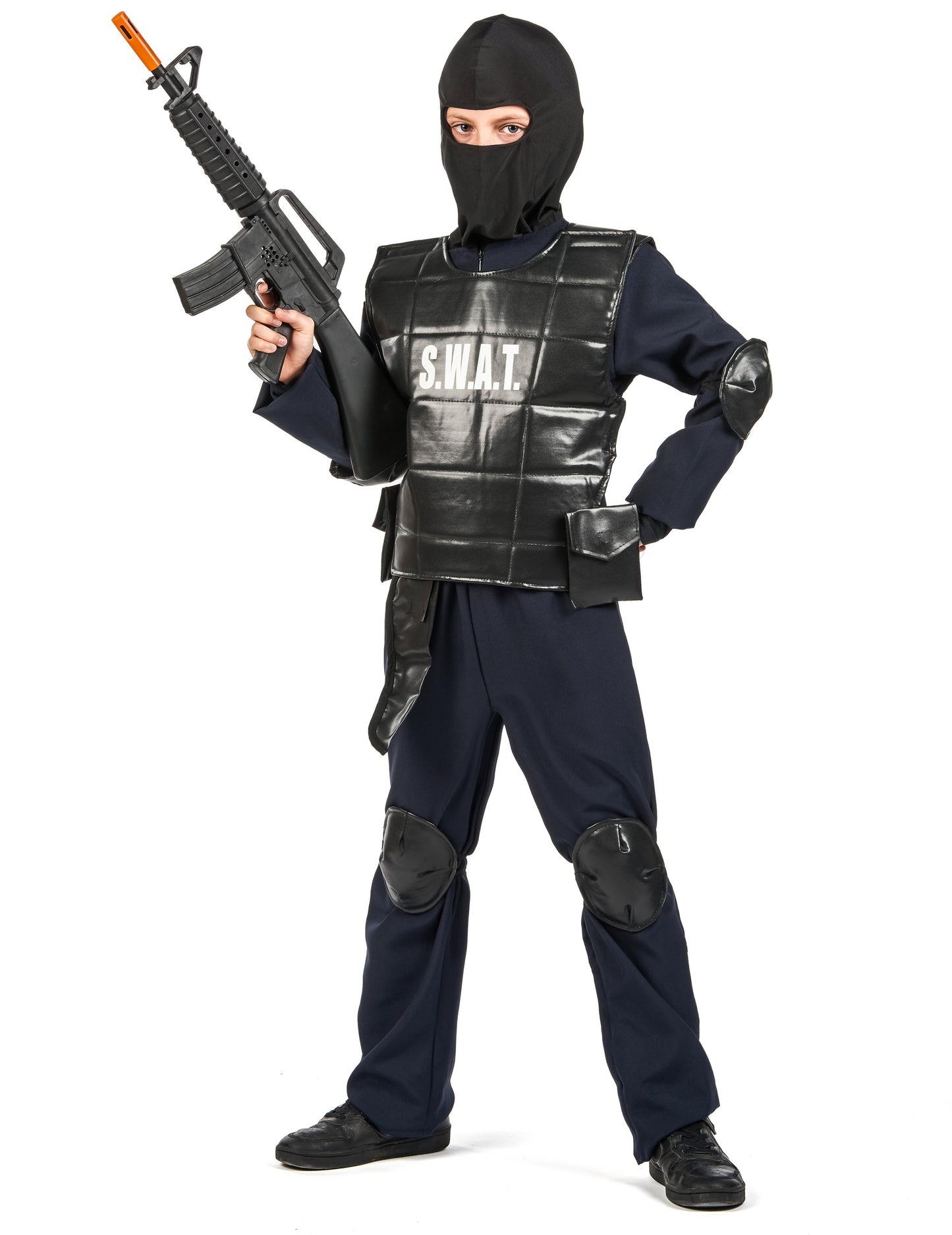 Déguisement officier du SWAT pour enfant noir avec gilet et cagoule