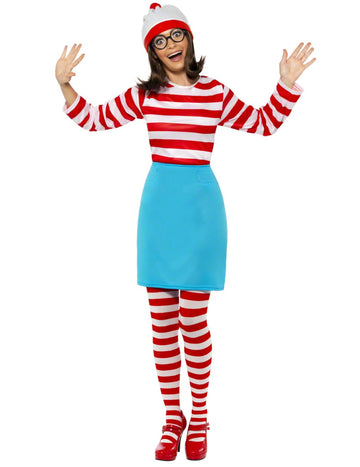 Déguisement Où est Charlie ?™ pour femme rayé rouge et blanc avec jupe bleue