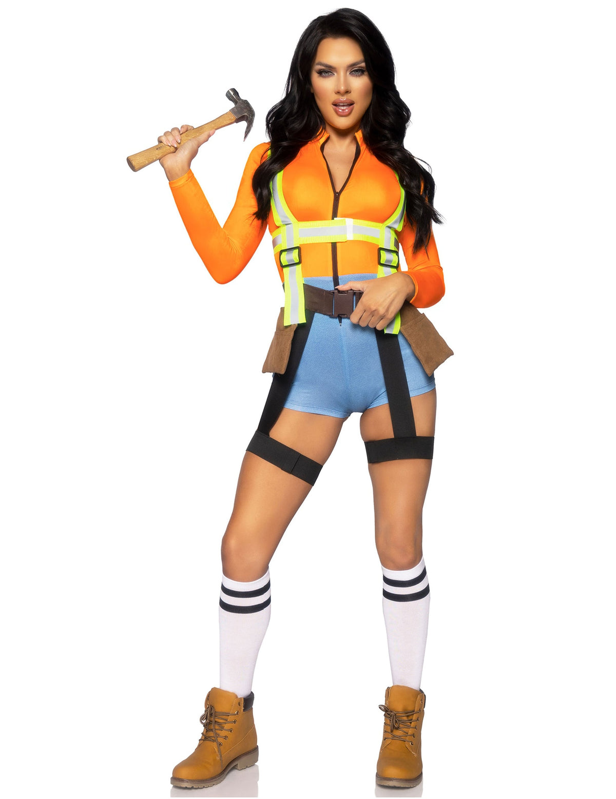 Déguisement ouvrier de chantier sexy pour femme orange et bleu avec harnais jaune fluo