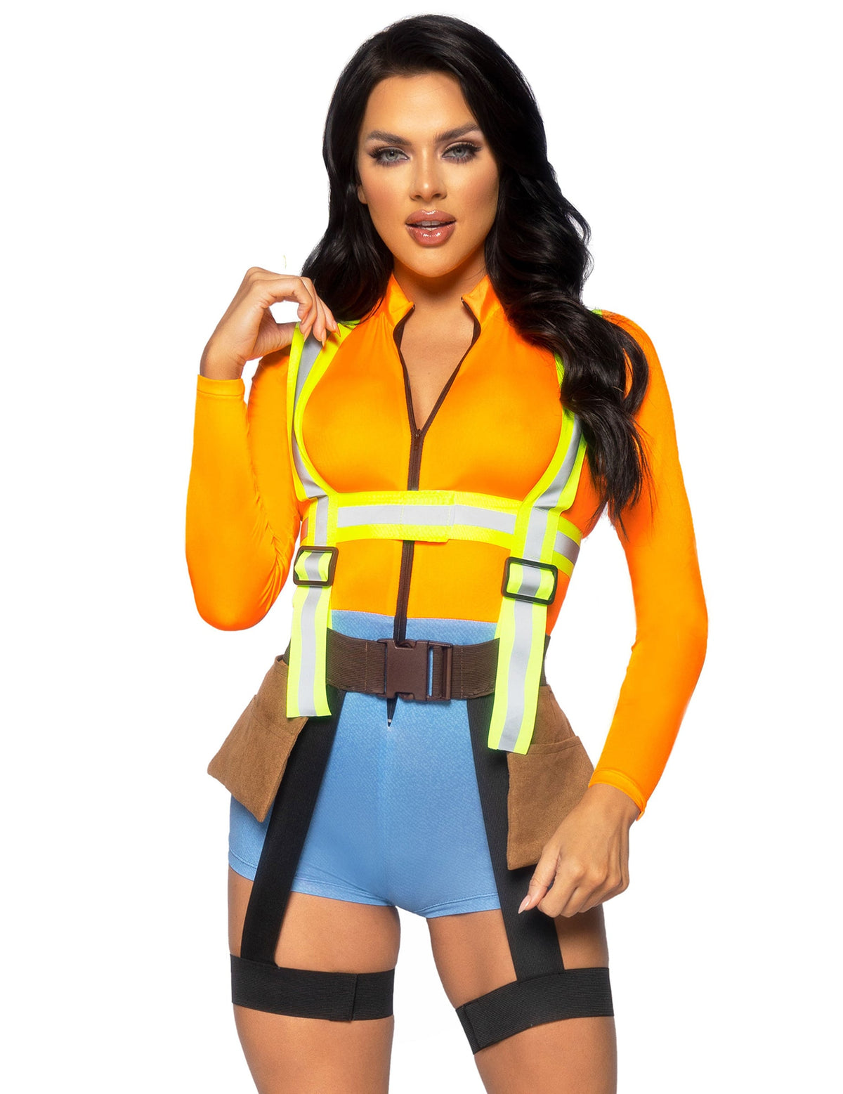 Déguisement ouvrier de chantier sexy pour femme orange et bleu avec harnais jaune fluo