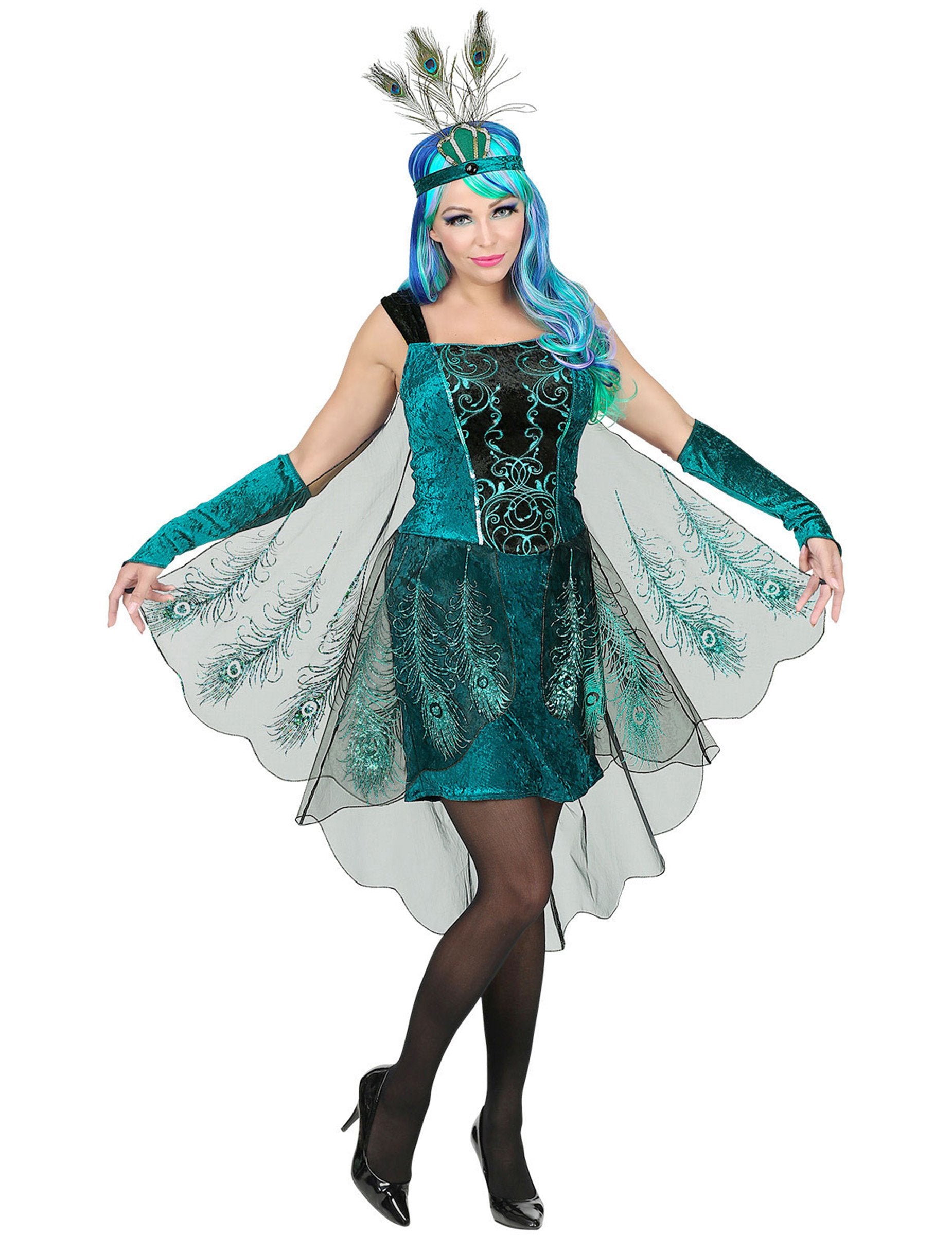 Vue de face avec les bras ouverts du déguisement paon majestueux pour femme