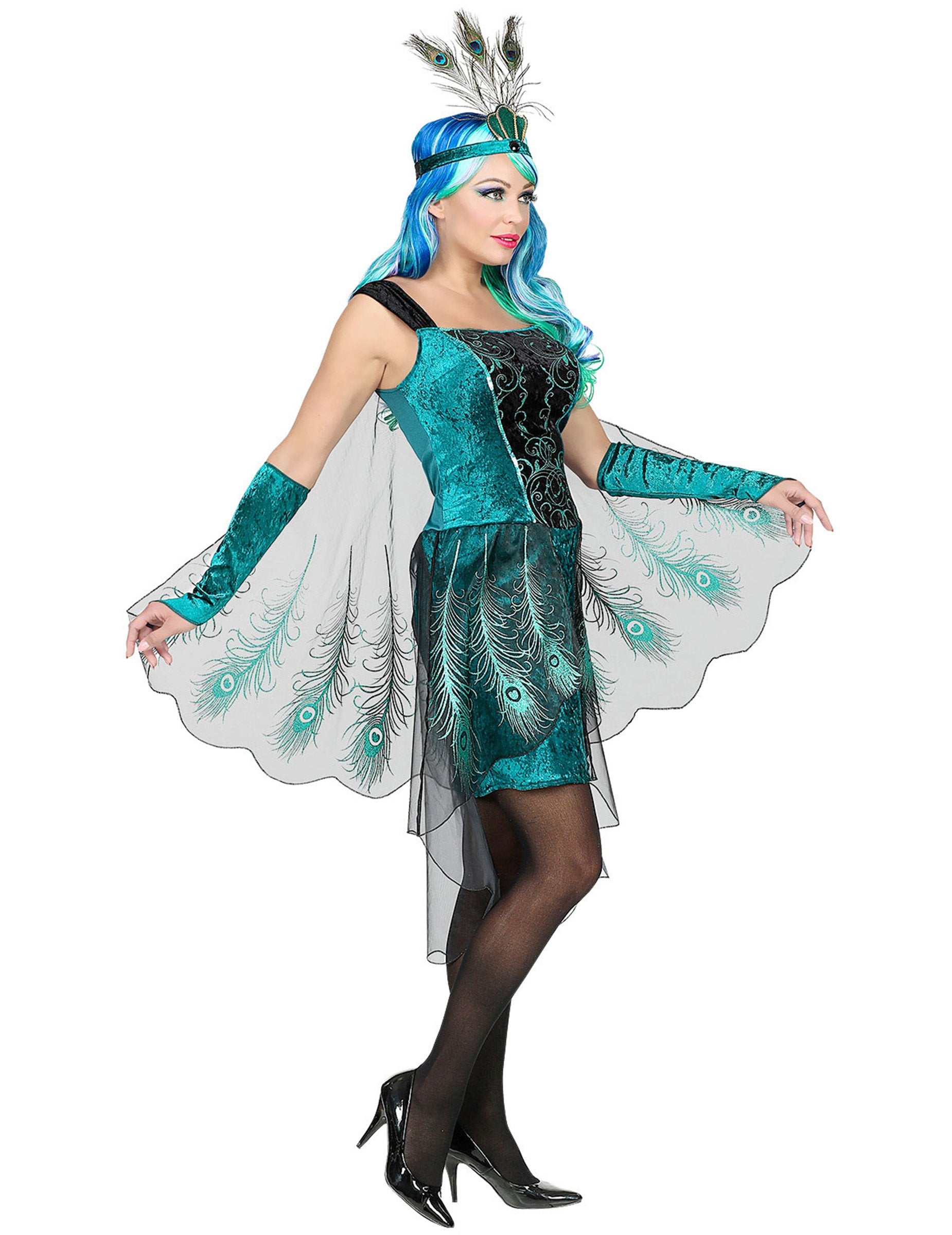 Vue de profil du déguisement paon majestueux pour femme