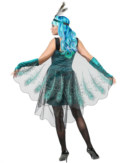 Vue de dos du déguisement paon majestueux pour femme