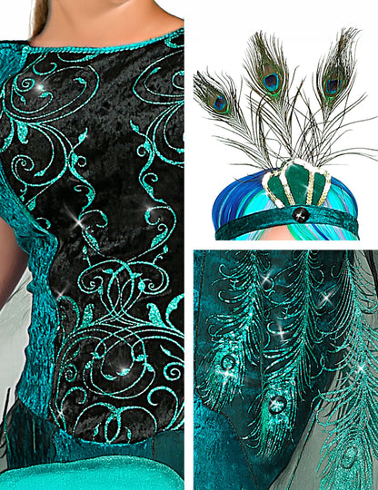 Détails des motifs à paillettes et de la coiffe à plumes du déguisement paon majestueux pour femme