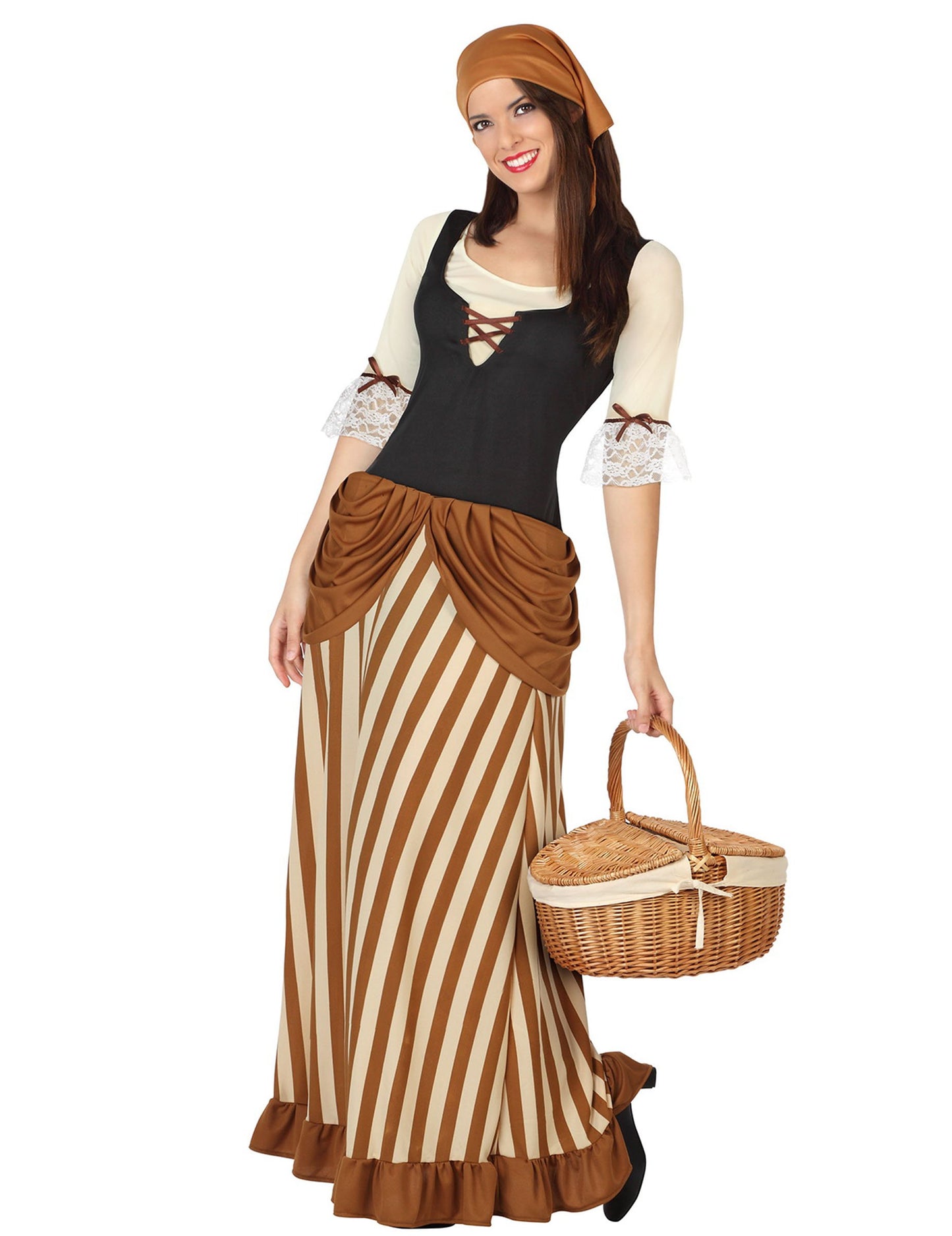 Hnědo-beige pruhovaný kostým venkovské ženy s šátkem