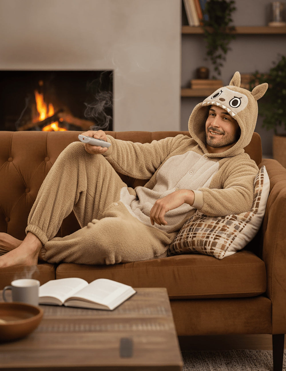 Mise en situation du déguisement peluche monstre pour homme