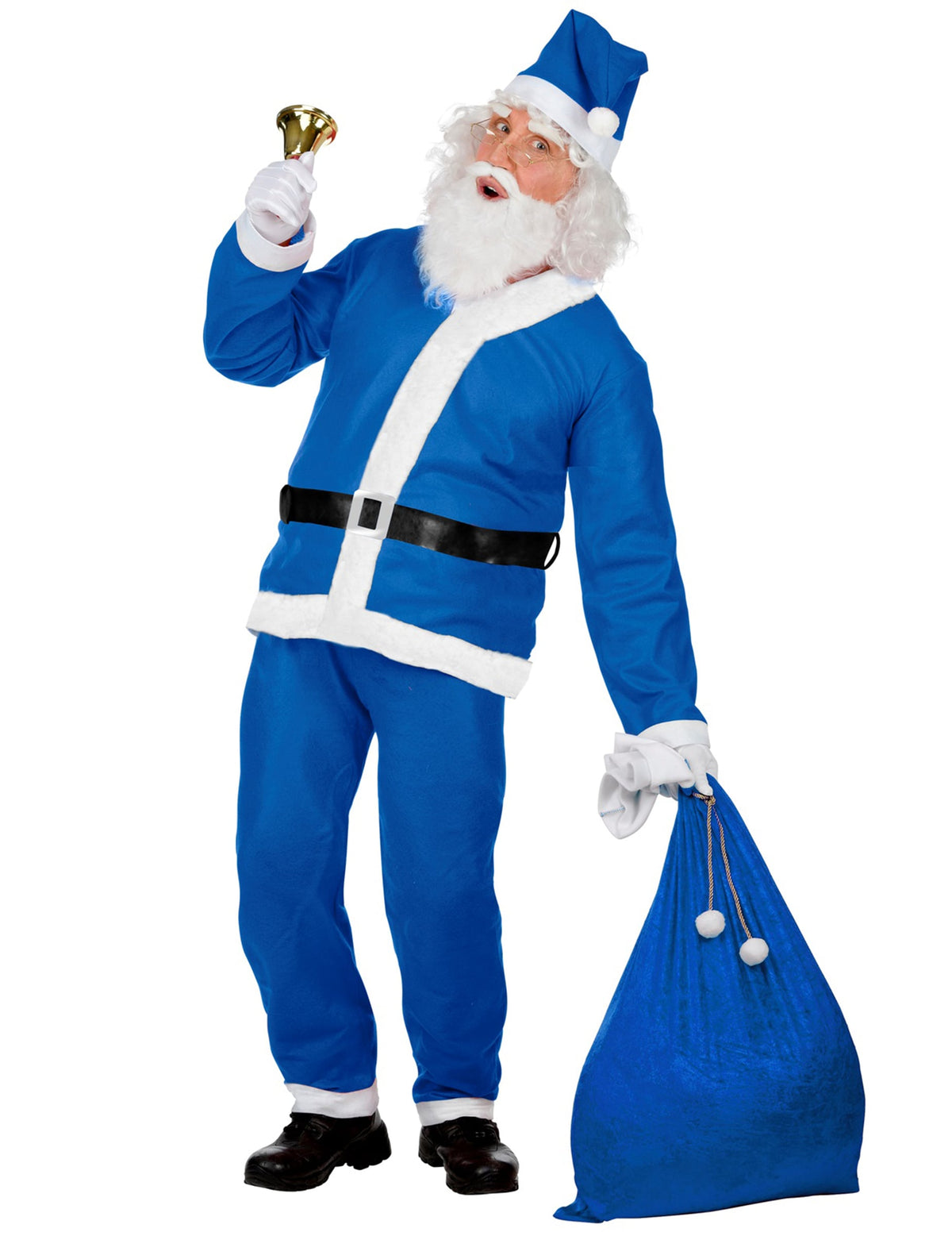 Déguisement de Père Noël pour homme bleu avec sac et cloche