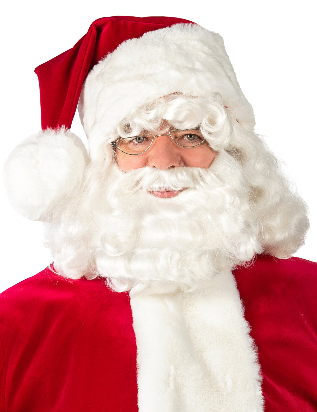 Gros plan sur le visage avec barbe et lunettes du déguisement de Père Noël
