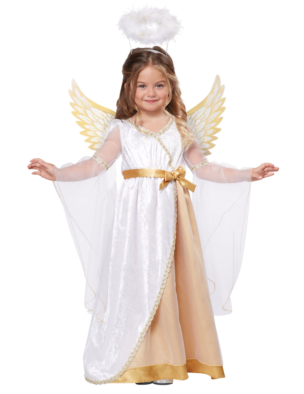 Déguisement petit ange pour fille blanc et or luxe avec ailes et auréole