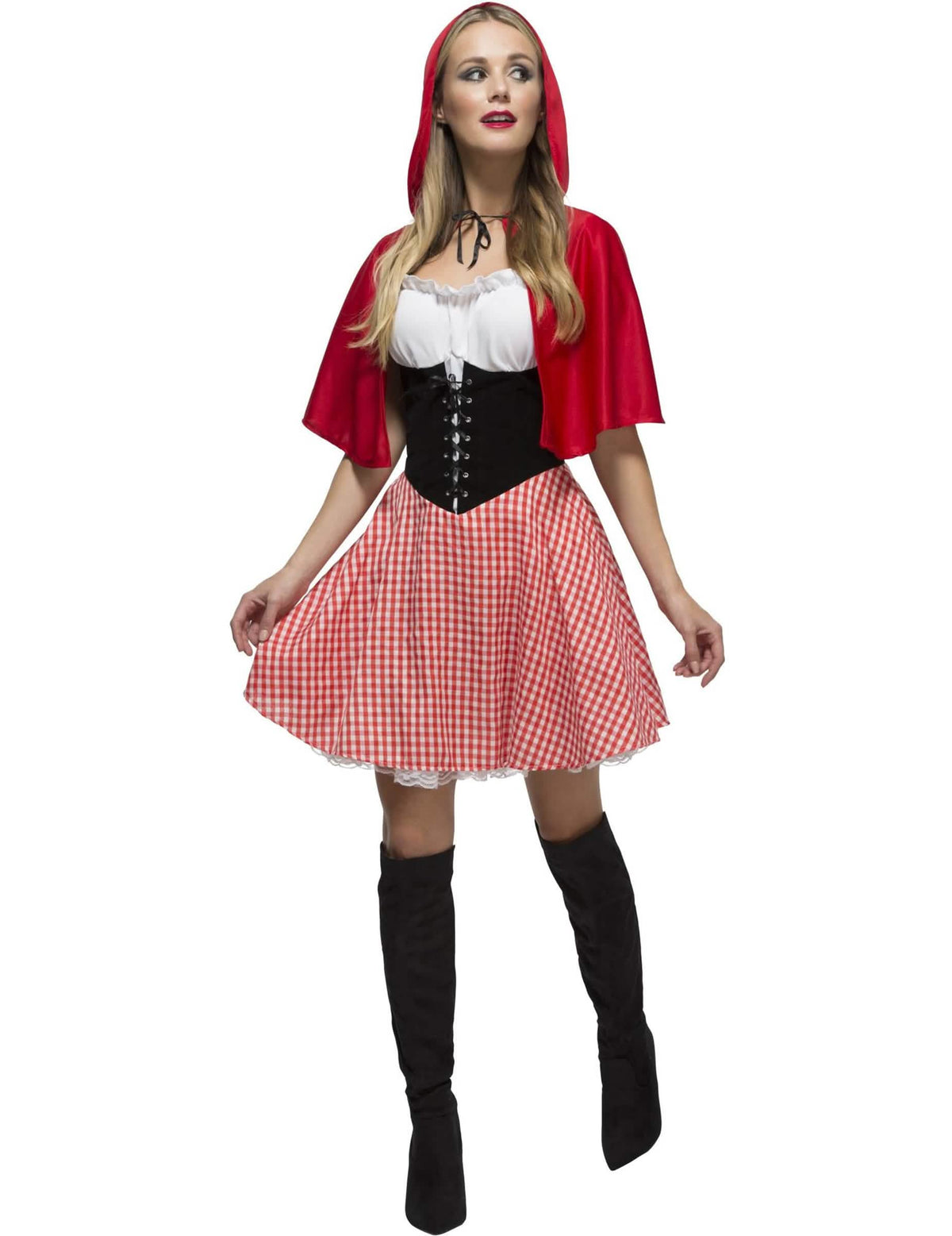 sexy kostým červené a černé lesní Karkulky pro ženu s kostkovanou sukní vichy a pláštěnkou