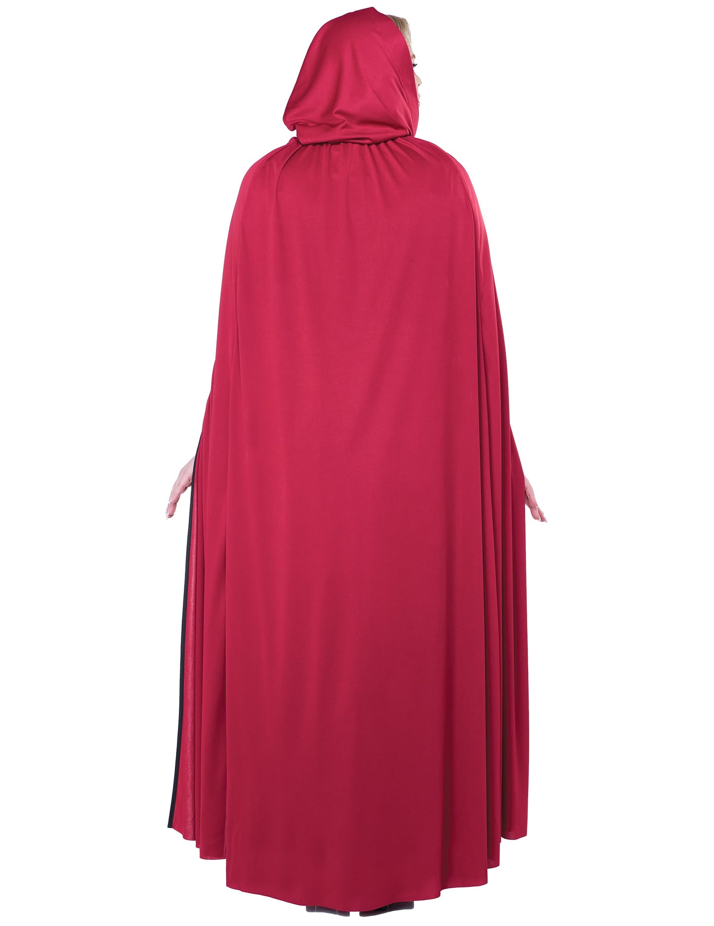 Pohled zezadu na plášť s kapucí gotického kostýmu Červené Karkulky