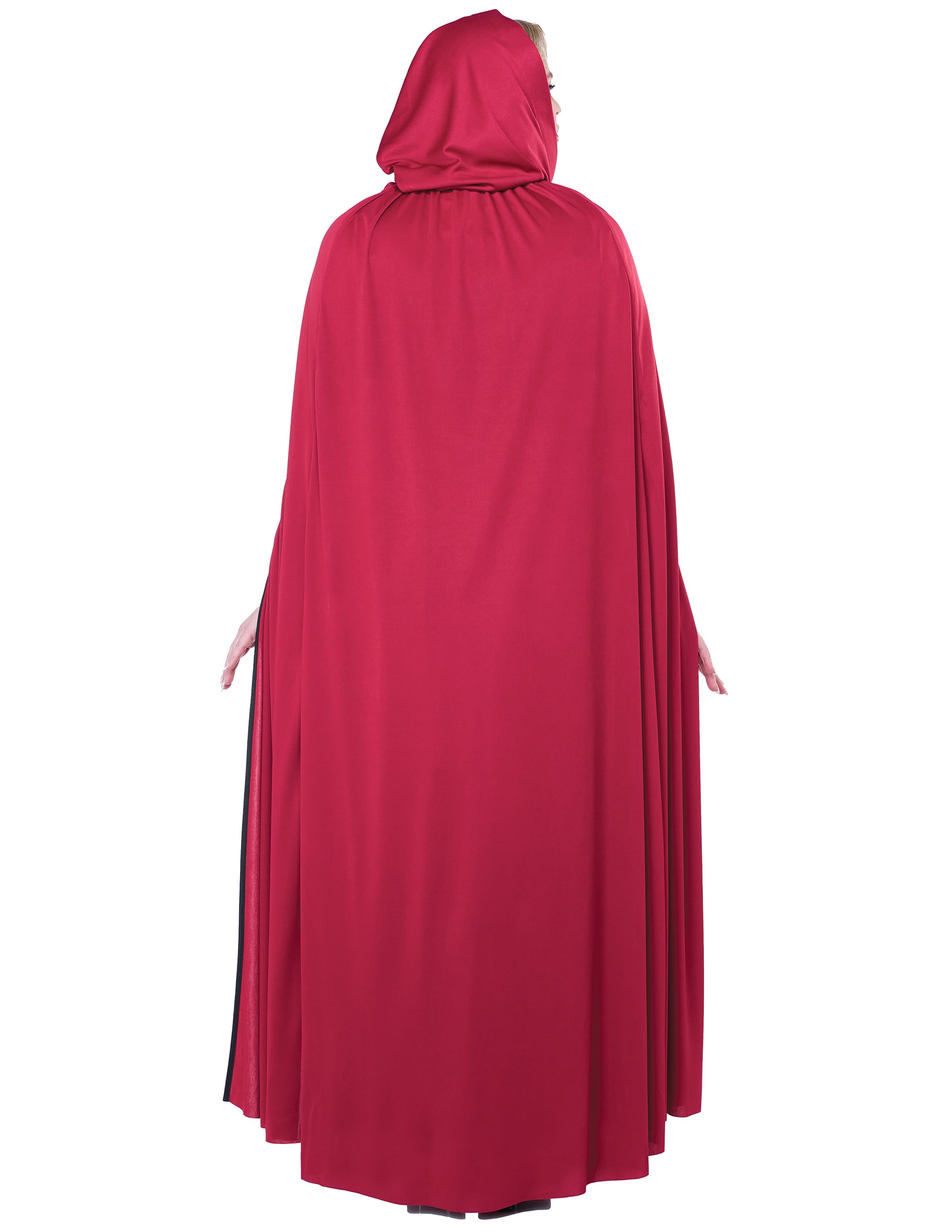 Pohled zezadu na plášť s kapucí gotického kostýmu Červené Karkulky