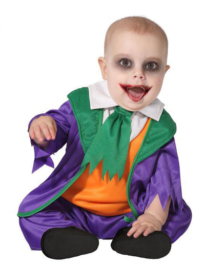 Déguisement petit clown fou pour bébé violet et vert avec gilet orange