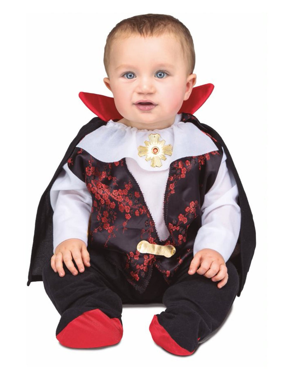 Déguisement petit dracula pour bébé noir et rouge avec cape et médaillon doré