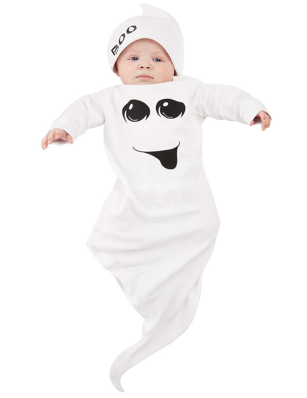 Déguisement de petit fantôme pour bébé blanc avec bonnet imprimé BOO