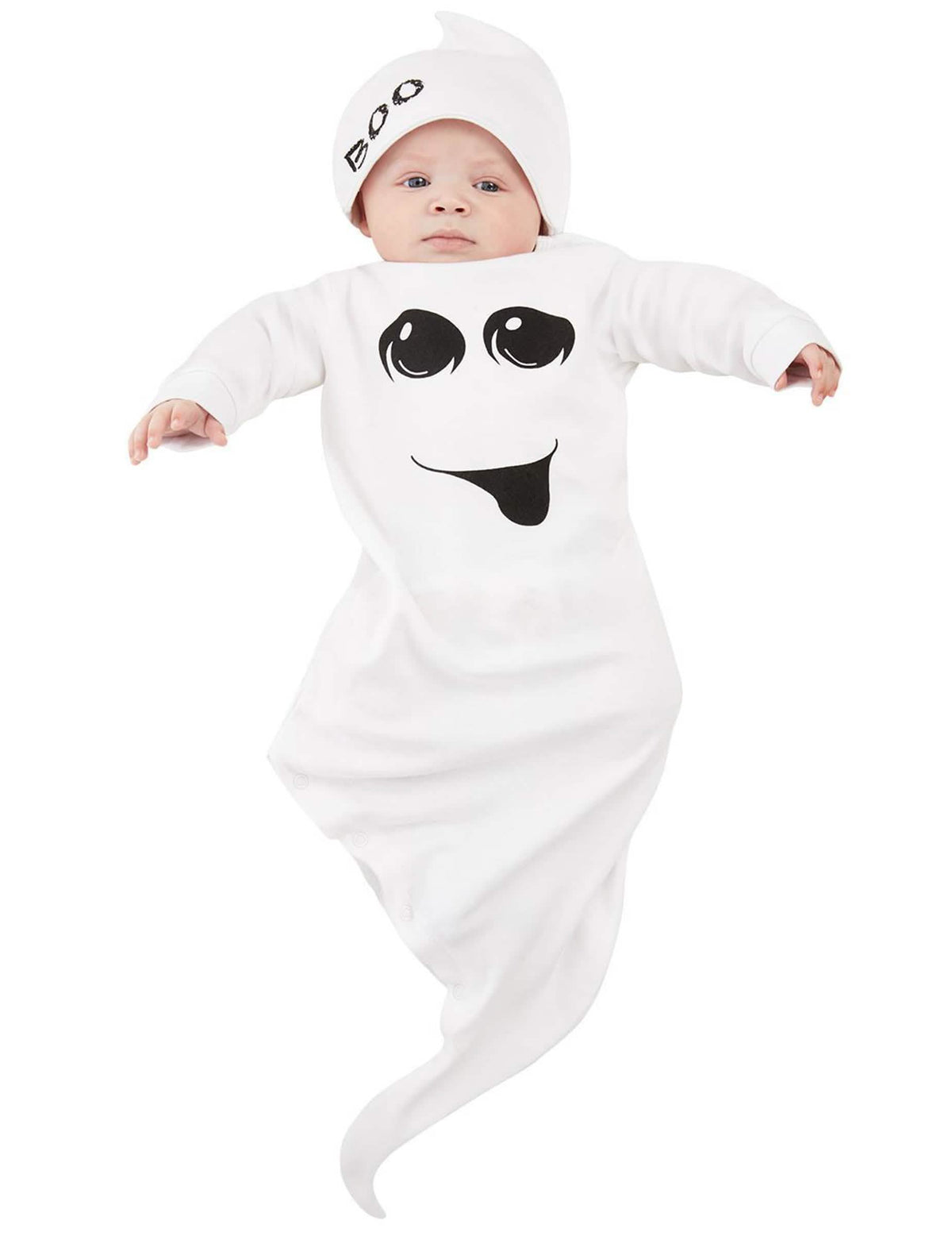 Déguisement de petit fantôme pour bébé blanc avec bonnet imprimé BOO