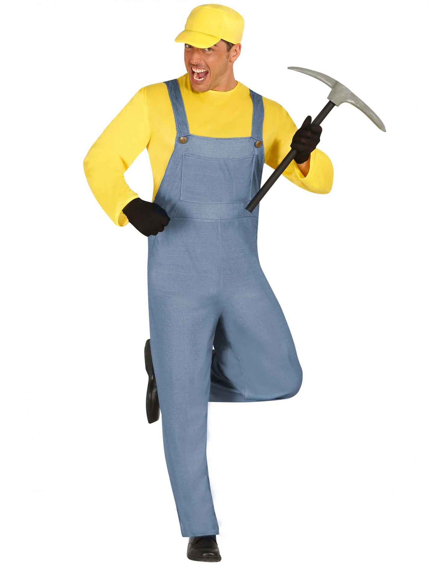 Déguisement de petite créature jaune pour adulte bleu et jaune avec casquette et pioche