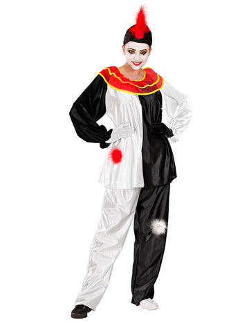 Déguisement de pierrot pour adulte noir et blanc avec collerette rouge et chapeau à plume