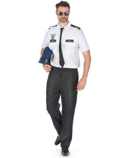 Déguisement pilote d'avion de ligne pour homme blanc et noir avec cravate et casquette
