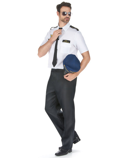 Vue de trois-quarts du déguisement pilote d'avion de ligne pour homme