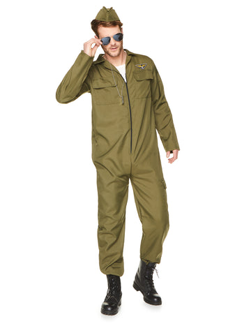 Déguisement pilote de chasse complet pour homme vert kaki avec calot et lunettes