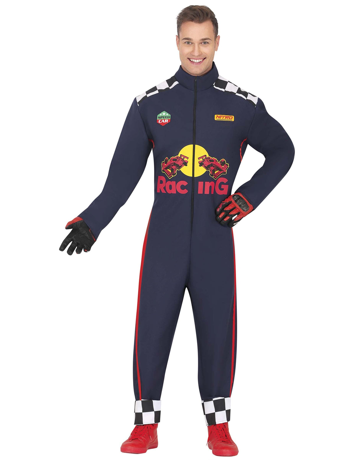 Déguisement de pilote de course pour adulte bleu marine avec damiers et logos racing