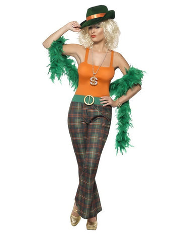 Déguisement pimp Lady pour femme vert et orange avec pantalon à carreaux