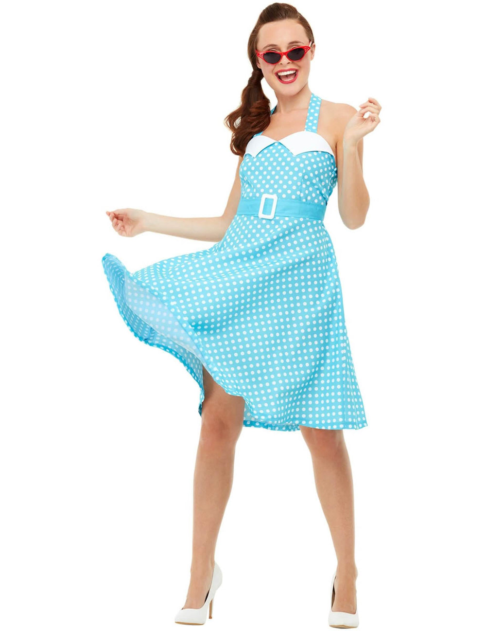 Retro kostým pin-up pro ženu modrá s bílými puntíky s pásek