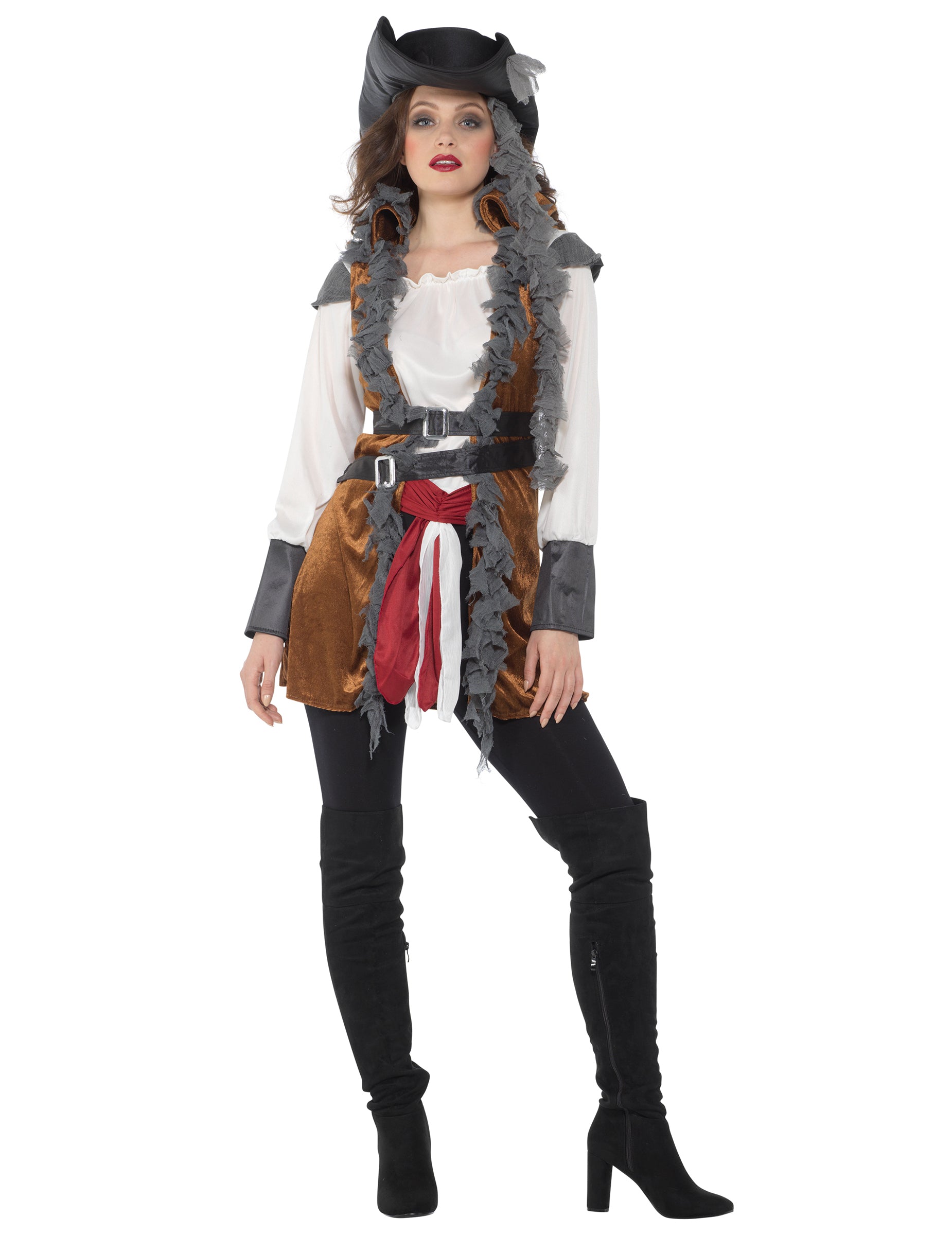 Déguisement de pirate avec gilet pour femme marron et blanc avec chapeau