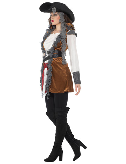 Vue de profil du déguisement de pirate avec gilet pour femme