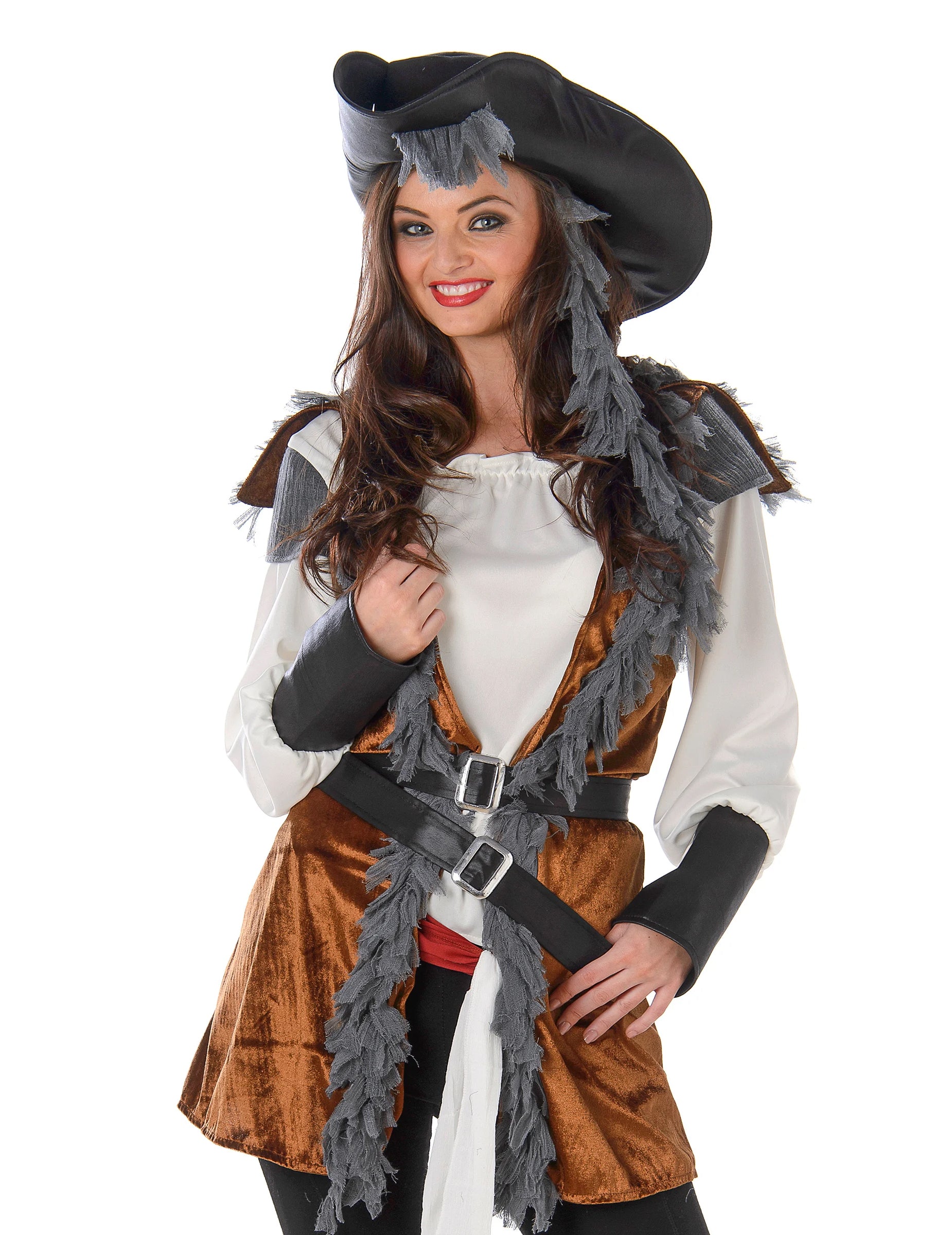 Gros plan sur le buste du déguisement de pirate avec gilet pour femme