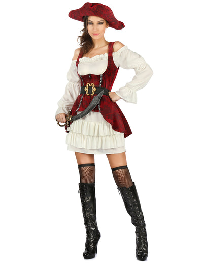 Déguisement pirate pour femme blanc et rouge avec chapeau