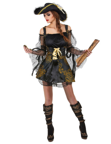 Dámský pirátský kostým v černém a zlatém provedení