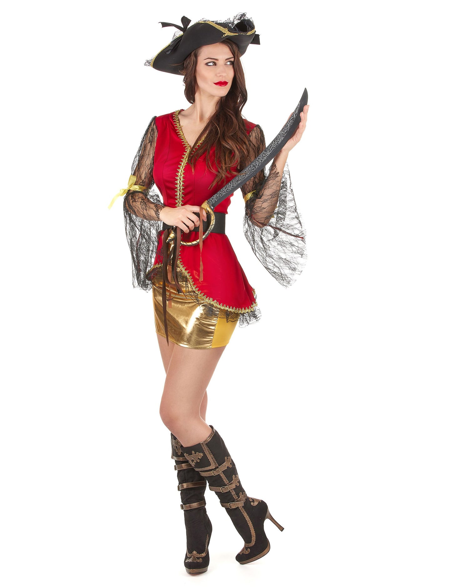 Dámský pirátský kostým v červené a zlaté barvě