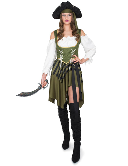 Vue de face du déguisement de pirate flibustière pour femme
