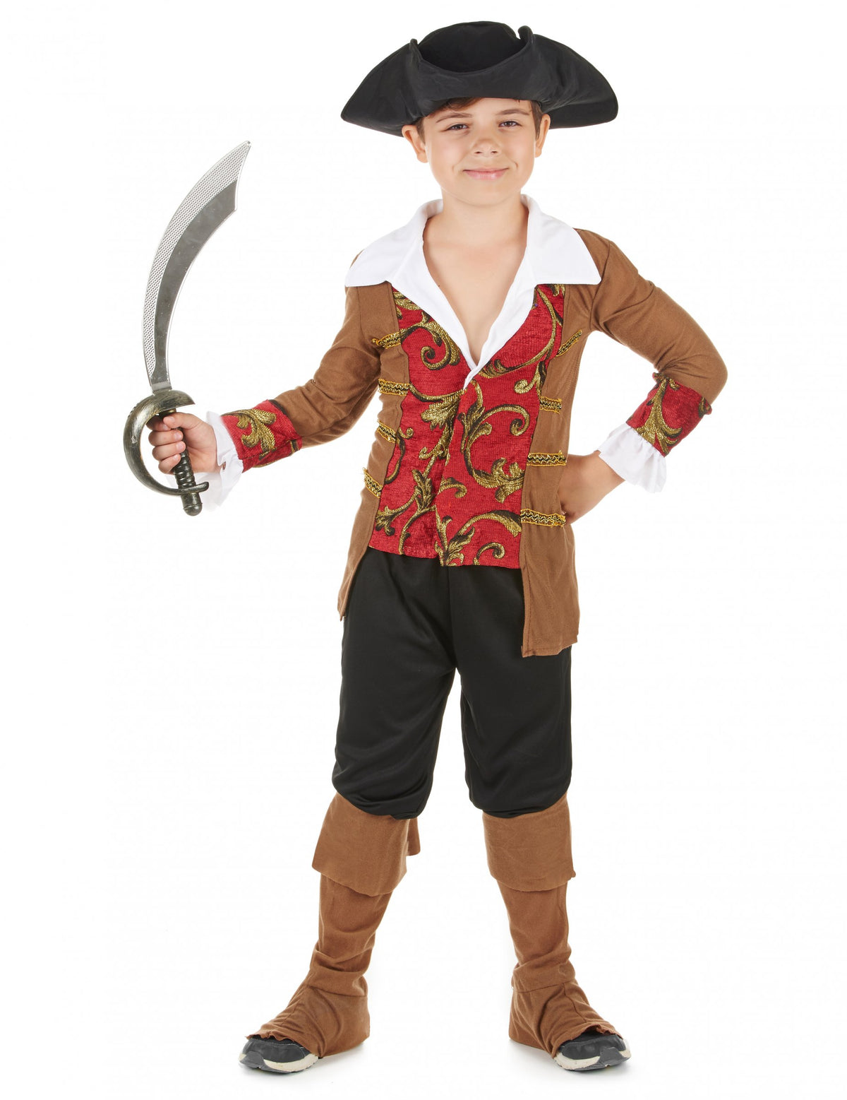 Déguisement de pirate pour garçon marron et noir avec gilet rouge et chapeau
