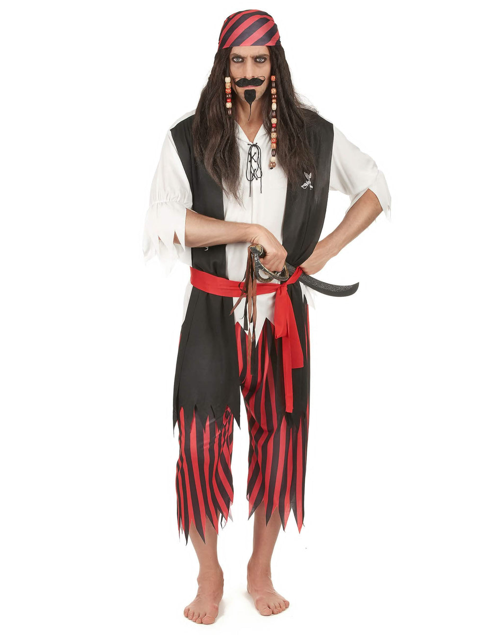 Déguisement pirate corsaire pour homme noir et rouge avec bandana