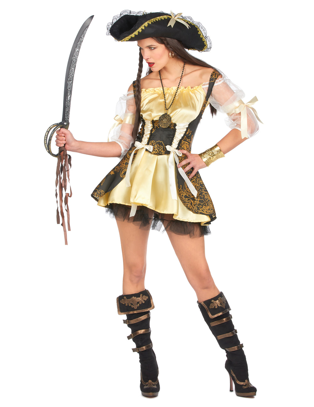 Déguisement de pirate pour femme jaune et noir avec chapeau