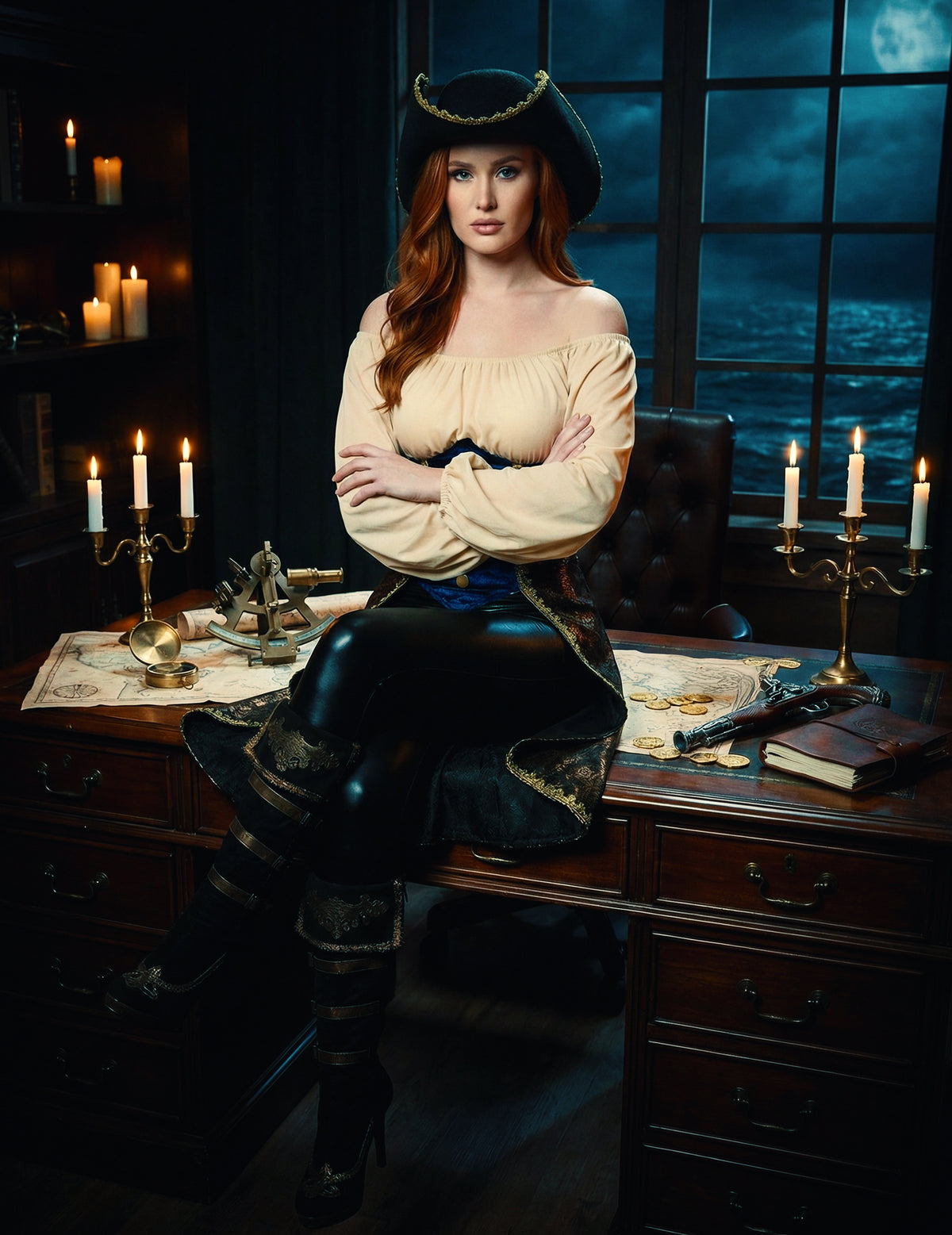 Vue d'ensemble assise du déguisement de pirate pour femme