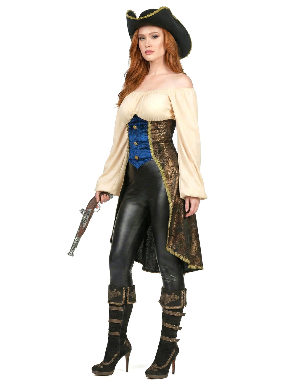 Vue de trois-quarts avec pistolet du déguisement de pirate pour femme