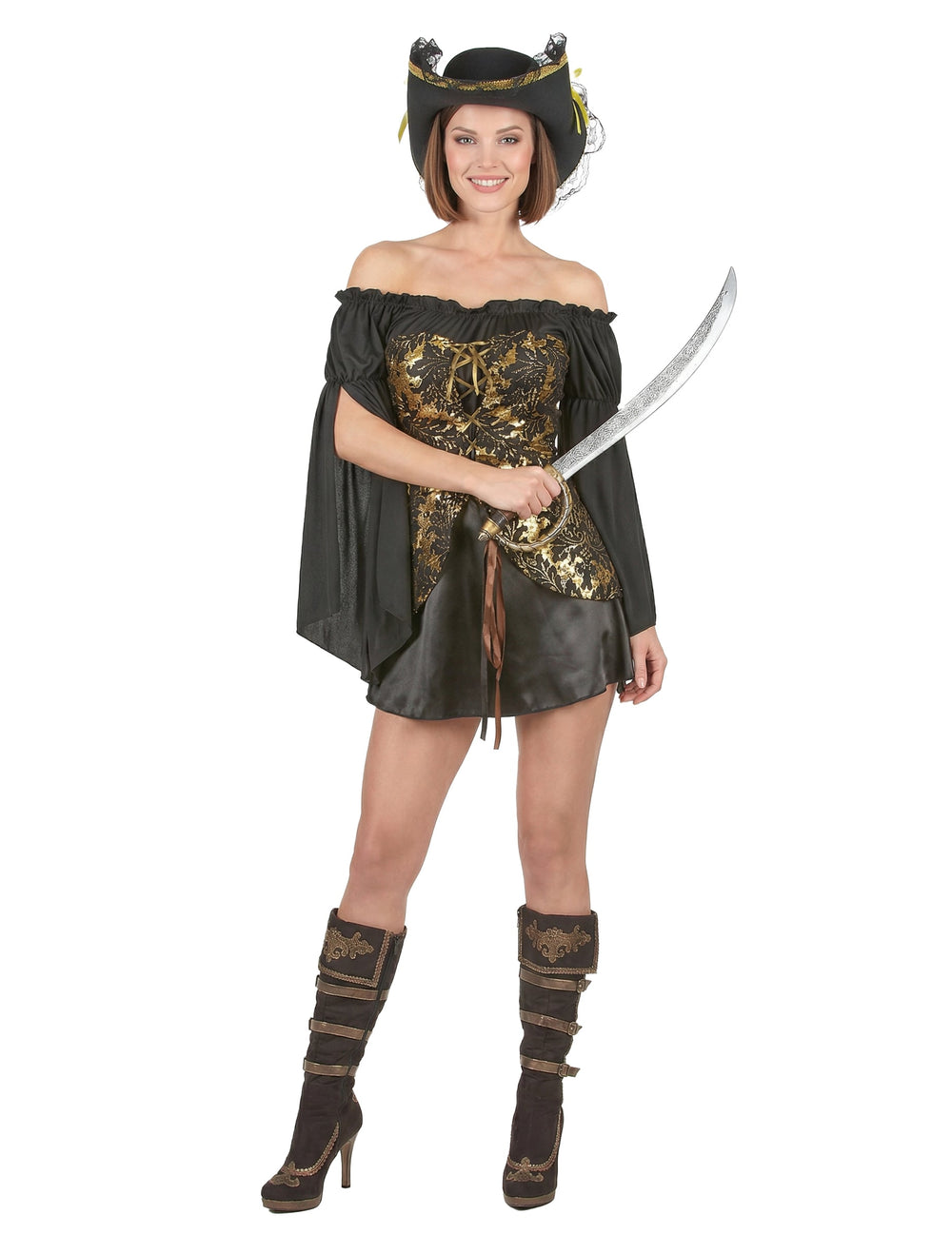 Sabre tenu à la main du déguisement de pirate pour femme noir et doré