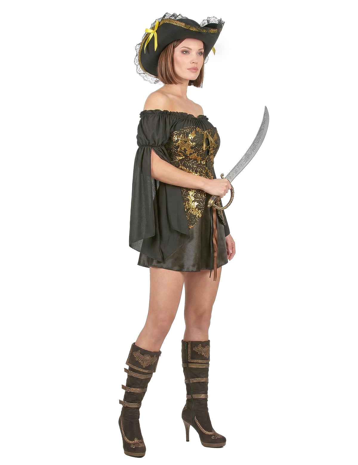 Vue de profil du déguisement de pirate pour femme noir et doré