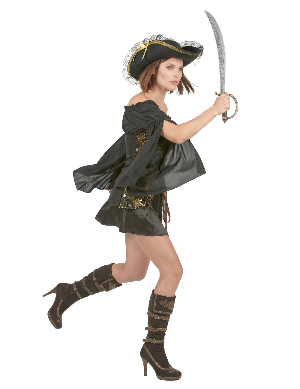 Vue de profil en mouvement du déguisement de pirate pour femme noir et doré