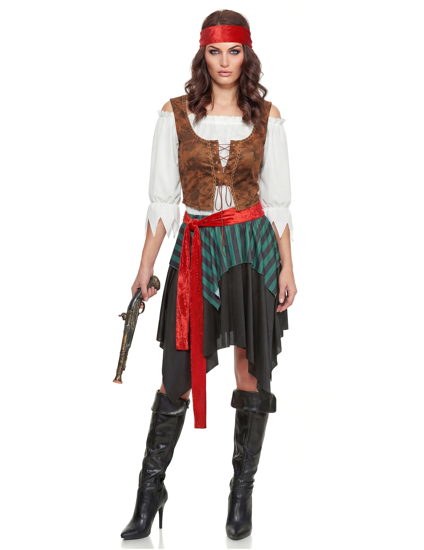Pirátský kostým pro ženy pruhovaný hnědý, zelený a černý s červenou čelenkou